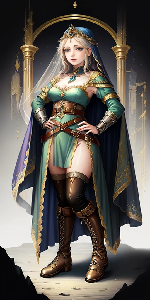 ((white background)) full body of a woman in a dress with a veil, feet together, standing feet together, military boots, beautiful fantasy maiden slave warrior, beautiful fantasy art portrait, fantasy Victorian art, medieval fantasy art, beautiful and elegant queen, portrait of queen of light, fantasy portrait art, gothic fantasy art, a beautiful fantasy empress, hands on hips