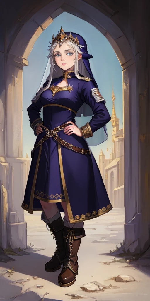 ((white background)) full body of a woman in a dress with a veil, feet together, standing feet together, military boots, beautiful fantasy maiden slave warrior, beautiful fantasy art portrait, fantasy Victorian art, medieval fantasy art, beautiful and elegant queen, portrait of queen of light, fantasy portrait art, gothic fantasy art, a beautiful fantasy empress, hands on hips