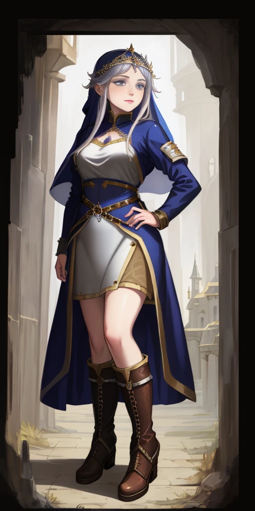 ((white background)) full body of a woman in a dress with a veil, feet together, standing feet together, military boots, beautiful fantasy maiden slave warrior, beautiful fantasy art portrait, fantasy Victorian art, medieval fantasy art, beautiful and elegant queen, portrait of queen of light, fantasy portrait art, gothic fantasy art, a beautiful fantasy empress, hands on hips