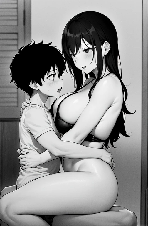 adult mother 50 years old, exposed one breast, bare crotch, pubic hair, has sex with his little son, son looks surprised with bare legs, mother hugs her little son. son inserts penis into mother's crotch.
