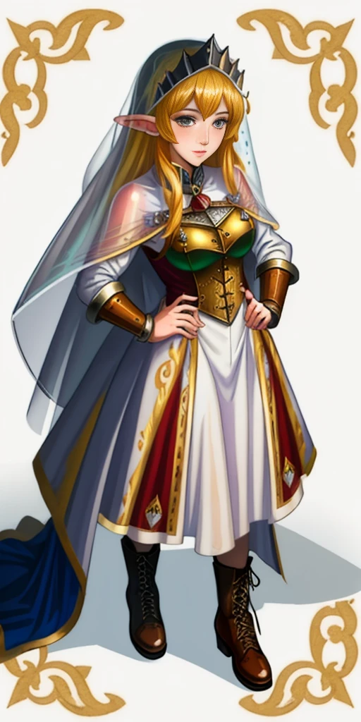 ((white background)) full body of a woman in a dress with a veil, feet together, standing feet together, military boots, beautiful fantasy maiden slave warrior, beautiful fantasy art portrait, fantasy Victorian art, medieval fantasy art, beautiful and elegant queen, portrait of queen of light, fantasy portrait art, gothic fantasy art, a beautiful fantasy empress, hands on hips