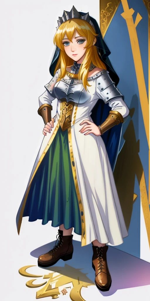 ((white background)) full body of a woman in a dress with a veil, feet together, standing feet together, military boots, beautiful fantasy maiden slave warrior, beautiful fantasy art portrait, fantasy Victorian art, medieval fantasy art, beautiful and elegant queen, portrait of queen of light, fantasy portrait art, gothic fantasy art, a beautiful fantasy empress, hands on hips