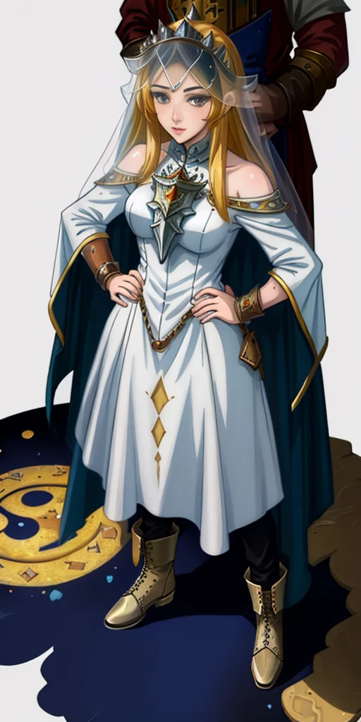 ((white background)) full body of a woman in a dress with a veil, feet together, standing feet together, military boots, beautiful fantasy maiden slave warrior, beautiful fantasy art portrait, fantasy Victorian art, medieval fantasy art, beautiful and elegant queen, portrait of queen of light, fantasy portrait art, gothic fantasy art, a beautiful fantasy empress, hands on hips
