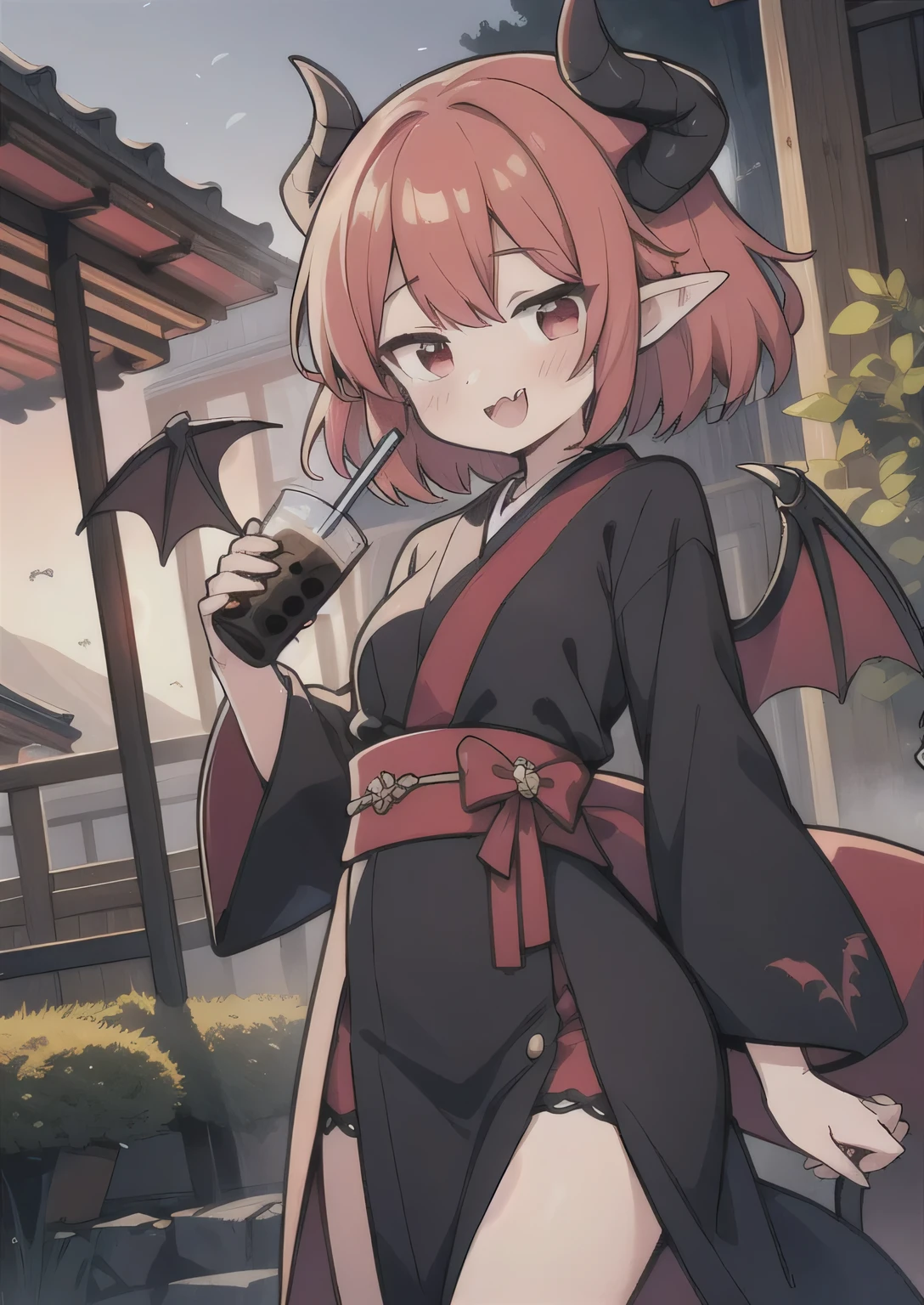 8K, boy and girl, it, teeawaii vampire, crimson hair, short hair, red eyes, bat wings, smile, (blush), (shy), fang, pointed ears, looking at viewer, dynamic angle, wind, game cg, fantastic scenery, demon tail, thin tail, black horns, medium breast, japanese class uniform, drinking boba, sexy