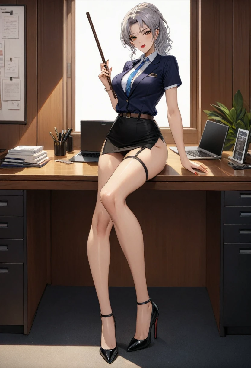 Knee-high stockings, garter belt、Beautiful Secretary, Office Table, Perfect body, sexy, Full Body Shot, Silver Hair, Licking lips, Sony FEGM, high quality, 超High resolution, retina, Accurate, masterpiece, Anatomically correct, Textured skin, Super detailed, high quality, Attention to detail, 最high quality, High resolution, 1080p Seduction by showing your buttocks、Tight mini skirt Mikaeri Stiletto heels A tight skirt that is long enough to barely show your underwear Beautiful buttocks、Beautiful feet、Stick your butt out