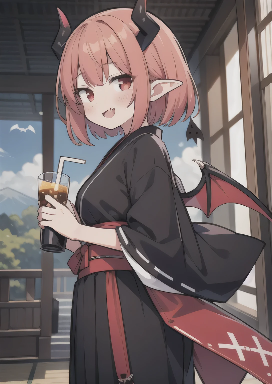 8K,  boy and girl, petit, teen, kawaii vampire, crimson hair, short hair, red eyes, bat wings, smile, (blush), (shy), fang, pointed ears, looking at viewer,  dynamic angle, wind, game cg, fantastic scenery, demon tail, thin tail, black horns, medium breast, japanese class uniform, drinking boba, sexy 