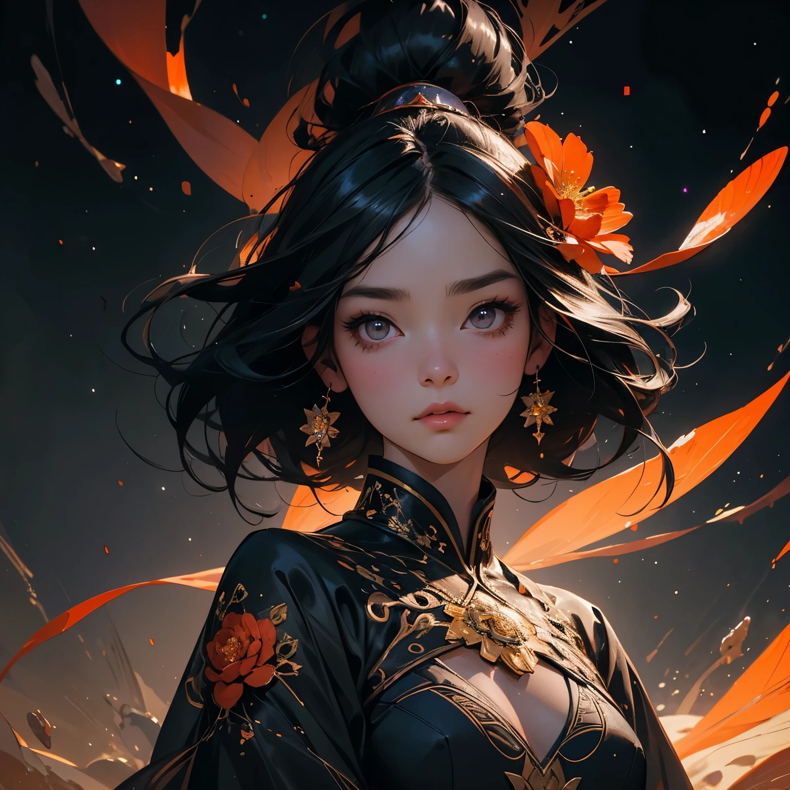 (best quality, masterpiece), 1girl, galaxy, glitter, dress, particle, wind, flower, upper body, dark simple background, looking at viewer, black hair,Wu Ya/WLOP and works by Bippel and Greg Rutkovsky, creature00d, (Amber theme:0.7)