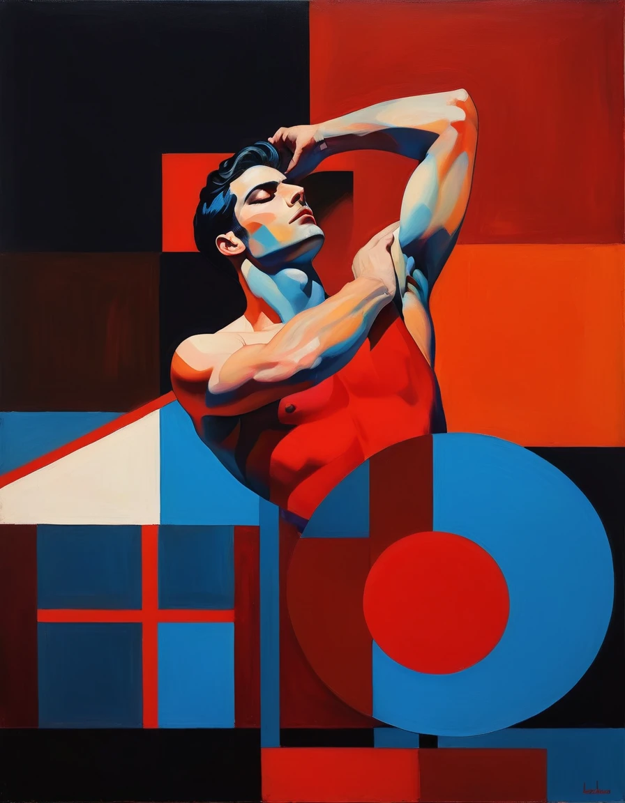 chiaroscuro technique on sensual illustration of an arafed supermodel, sexy masculine, diego fazio, male model, by Ludovit Fulla, model with attractive body, inspired by Ludovit Fulla, mid-shot of a hunky, the model draped in flowing, thick oil painting by Harumi Hironaka, extremely soft colors, vibrant, highly detailed, malcolm liepke painting, oil on canvas, high contrast, dramatic, refined, tonal, Create high contrast between light and shadow fire around, there is a red circle on a blue and red square, inspired by Bauhaus, in a shapes background, brown red blue, circle forms, red blue, by Leon Polk Smith, memphis abstract minimal art, graphic shapes, minimal art, blue and red, minimal art style, bauhaus art, inspired by El Lissitzky, bold simple shapes