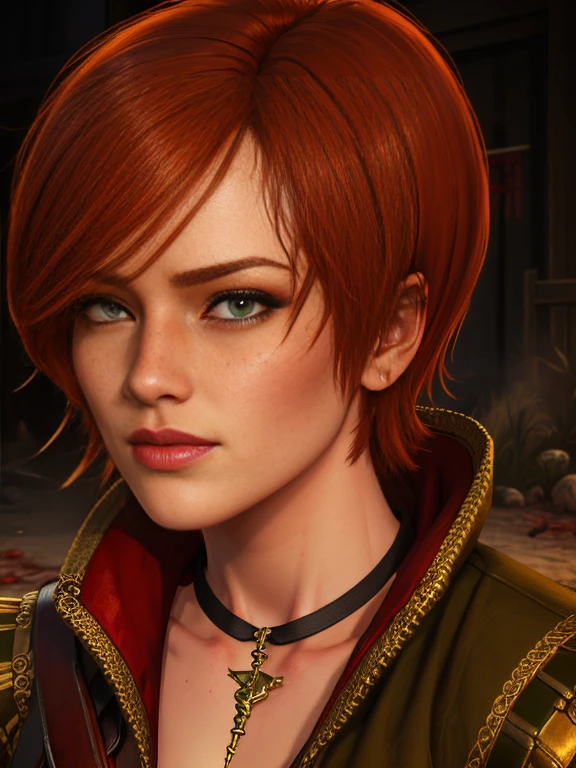 (masterpiece, top quality, best quality, official art, detailed:1.2), shaniW3, 1girl, solo, short hair, jewelry, green eyes, choker, necklace, lips, blood, freckles, blood on face, realistic, red hair