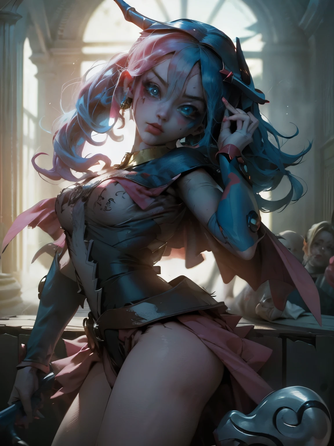 Maga oscura gils vestida de Harley Quinn. Tiene cabello rubio y negro. Ojos azules. Labios rojos. Gils, el mago oscuro, se viste como Harley Quinn. Pose sensual y inocente. Fondo de circo y magia.