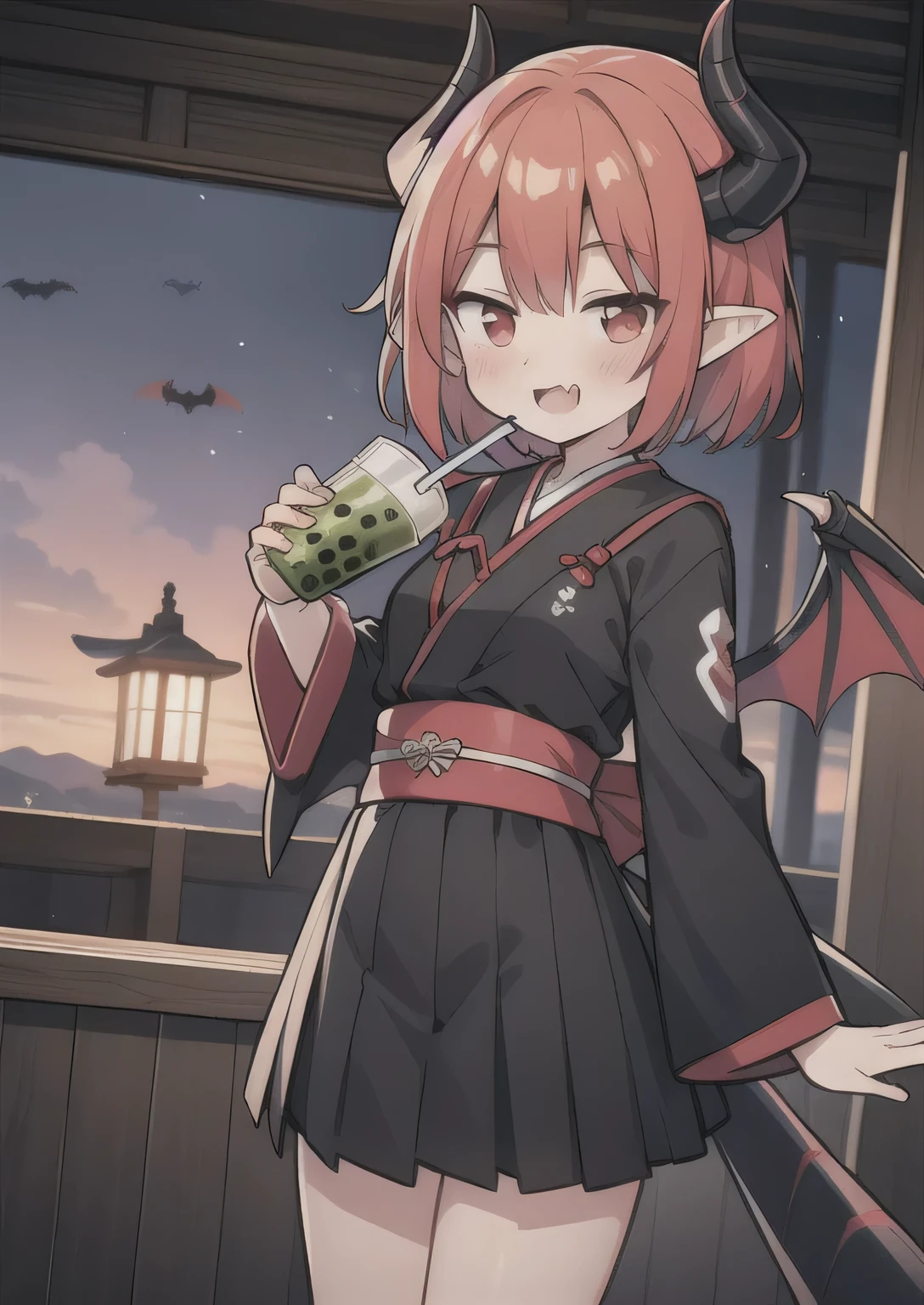 8K, boy and girl, petit, , kawaii vampire, crimson hair, short hair, red eyes, bat wings, smile, (blush), (shy), fang, pointed ears, looking at viewer, dynamic angle, wind, game cg, fantastic scenery, demon tail, thin tail, black horns, medium breast, japanese class uniform, drinking boba, sexy