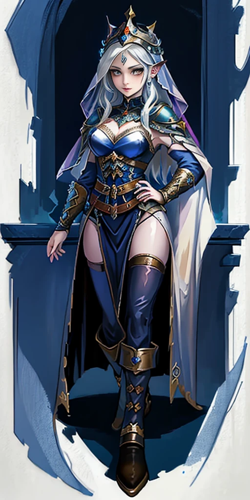 ((white background)) full body of a woman in a dress with a veil, feet together, standing feet together, military boots, beautiful fantasy maiden slave warrior, beautiful fantasy art portrait, fantasy Victorian art, medieval fantasy art, beautiful and elegant queen, portrait of queen of light, fantasy portrait art, gothic fantasy art, a beautiful fantasy empress, hands on hips