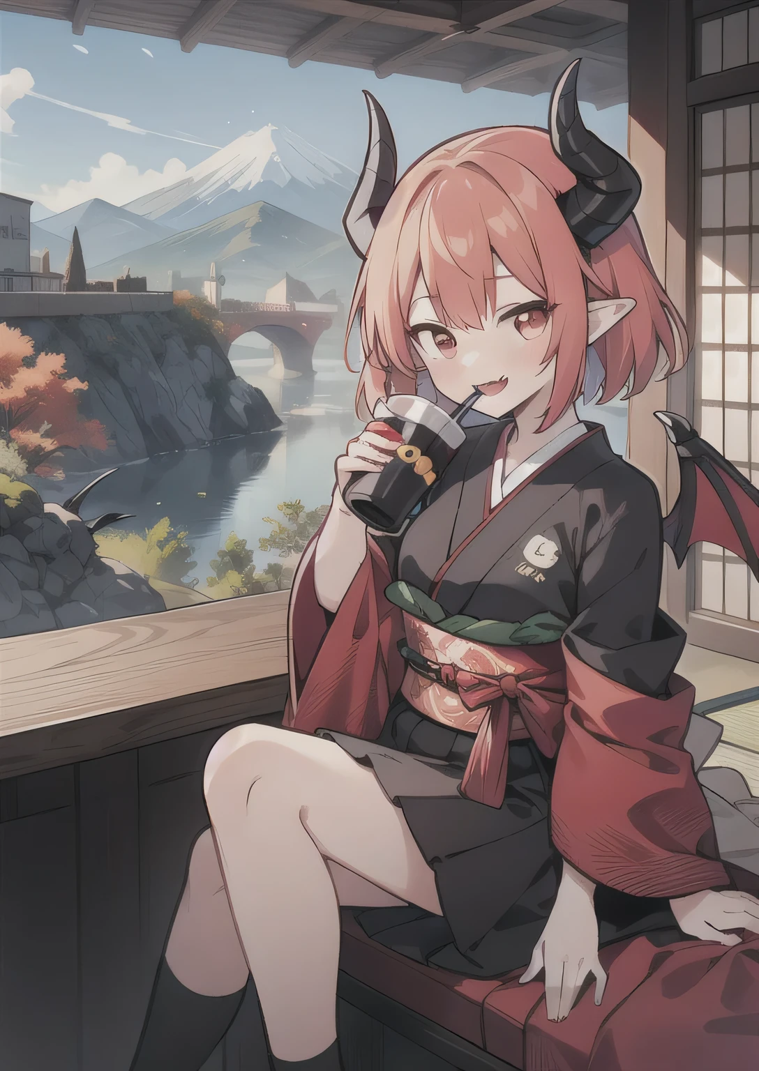 8K,  boy and girl, petit, teen, kawaii vampire, crimson hair, short hair, red eyes, bat wings, smile, (blush), (shy), fang, pointed ears, looking at viewer,  dynamic angle, wind, game cg, fantastic scenery, demon tail, thin tail, black horns, medium breast, japanese class uniform, drinking boba, sexy 