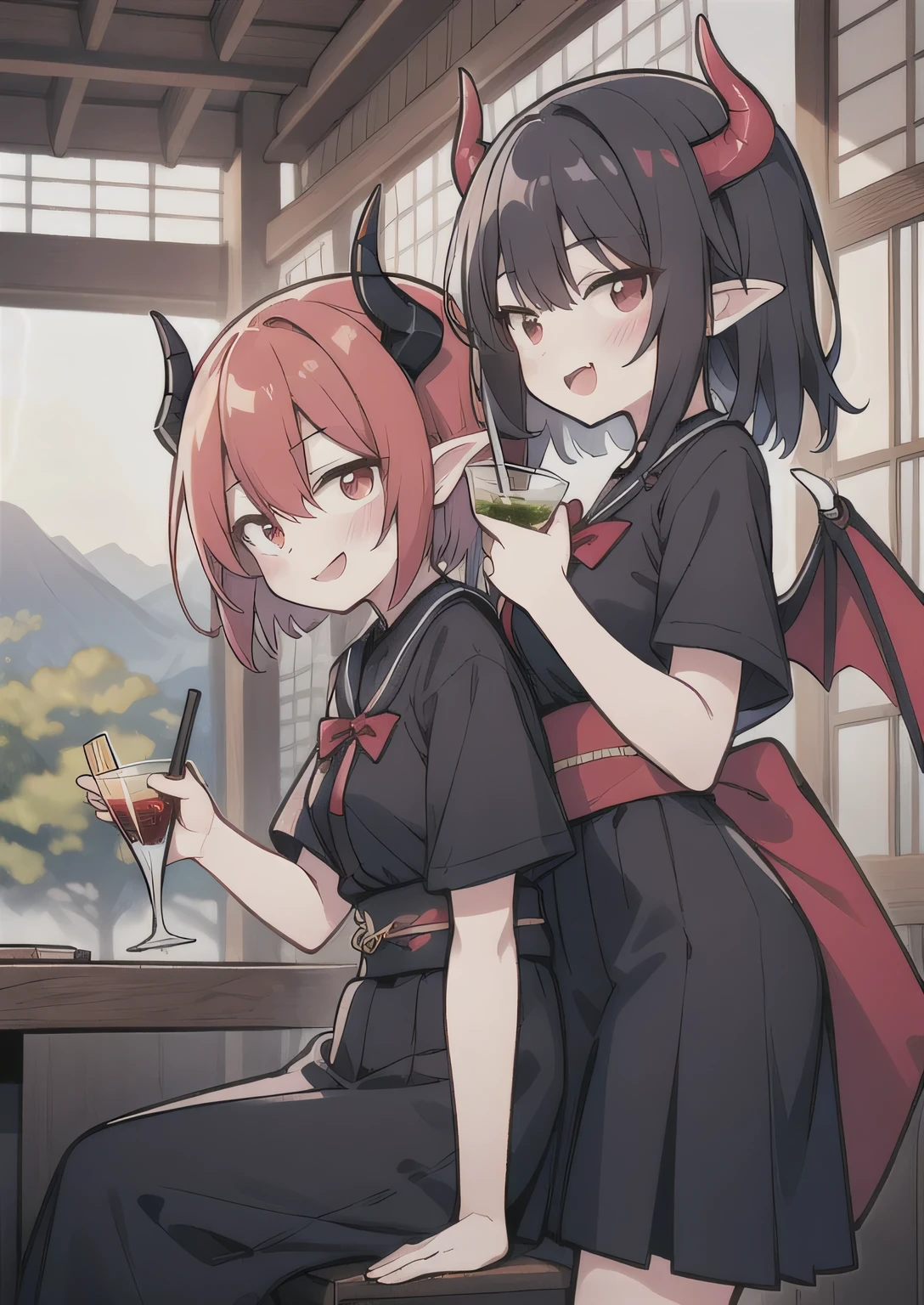 8K,  boy and girl, petit, teen, kawaii vampire, crimson hair, short hair, red eyes, bat wings, smile, (blush), (shy), fang, pointed ears, looking at viewer,  dynamic angle, wind, game cg, fantastic scenery, demon tail, thin tail, black horns, medium , japanese class uniform, drinking boba,  
