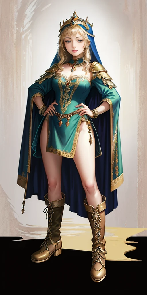 ((white background)) full body of a woman in a dress with a veil, feet together, standing feet together, military boots, beautiful fantasy maiden slave warrior, beautiful fantasy art portrait, fantasy Victorian art, medieval fantasy art, beautiful and elegant queen, portrait of queen of light, fantasy portrait art, gothic fantasy art, a beautiful fantasy empress, hands on hips