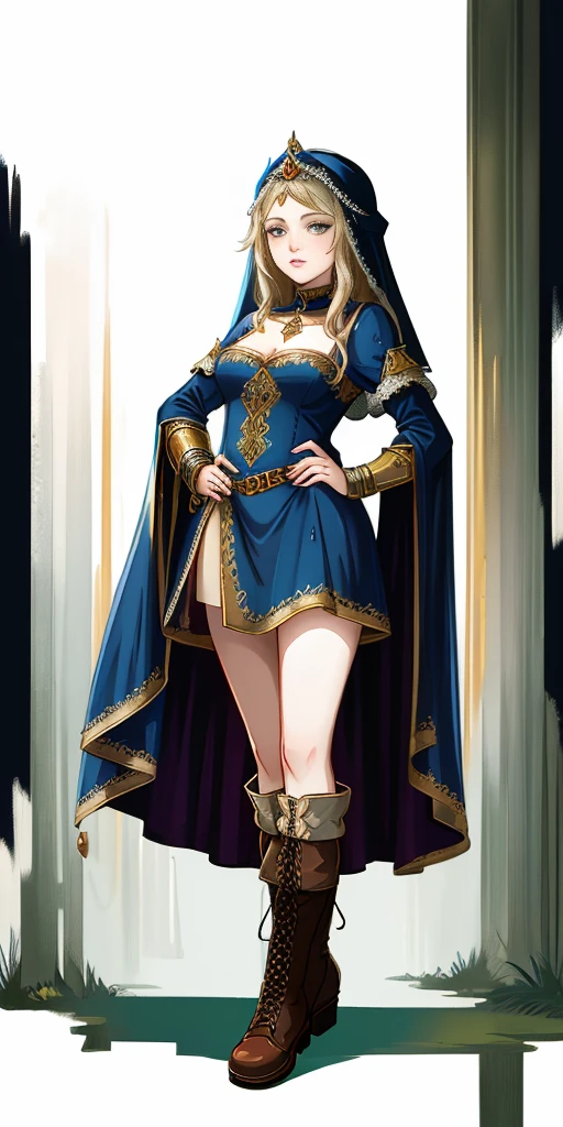 ((white background)) full body of a woman in a dress with a veil, feet together, standing feet together, military boots, beautiful fantasy maiden slave warrior, beautiful fantasy art portrait, fantasy Victorian art, medieval fantasy art, beautiful and elegant queen, portrait of queen of light, fantasy portrait art, gothic fantasy art, a beautiful fantasy empress, hands on hips
