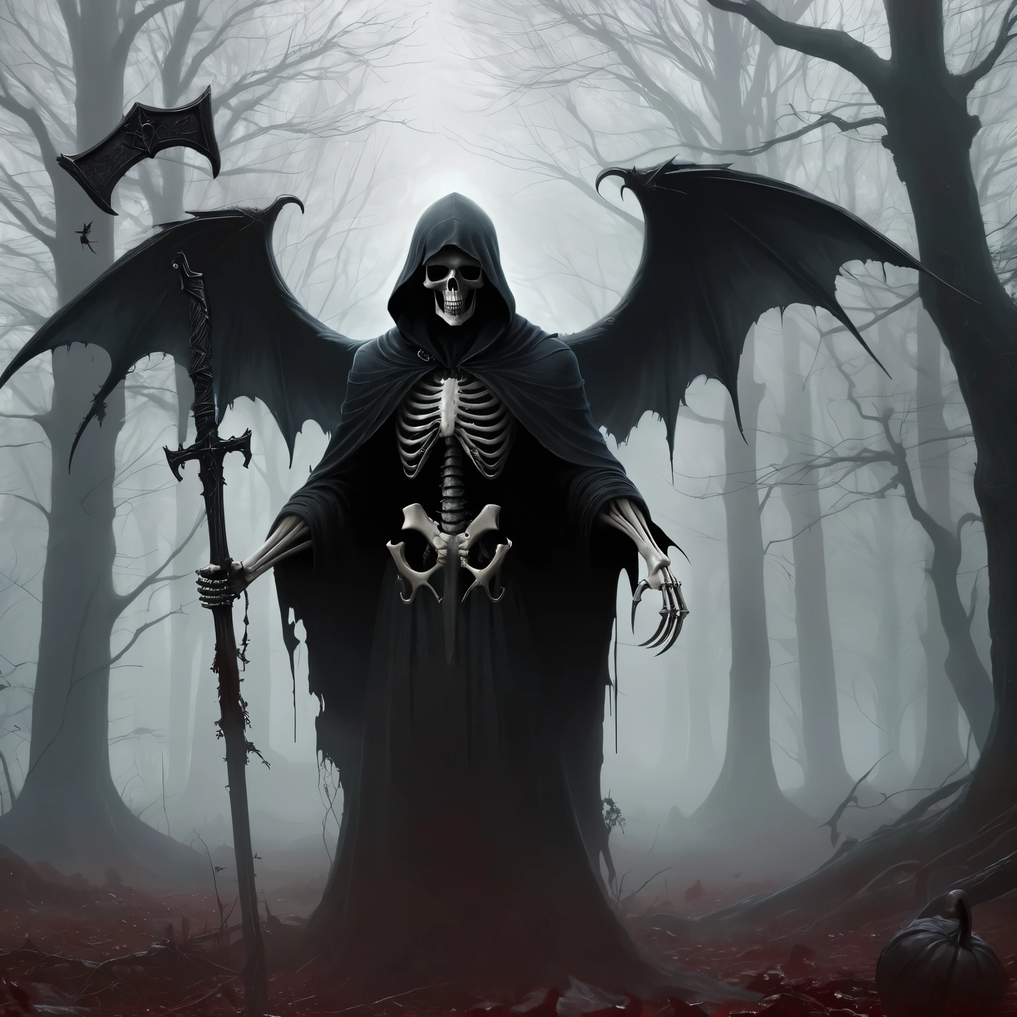 The image depicts a gothic and dark fantasy scene. In the center stands a figure resembling the Grim Reaper, with large, tattered wings, a hooded cloak, and skeletal hands. The character is holding a scythe in one hand and has a bell attached to its other hand. The background is a misty forest with tall trees and a reddish ground, suggesting a sense of mystery and foreboding. There are also a few tombstones in the foreground, which adds to the overall eerie atmosphere of the image.