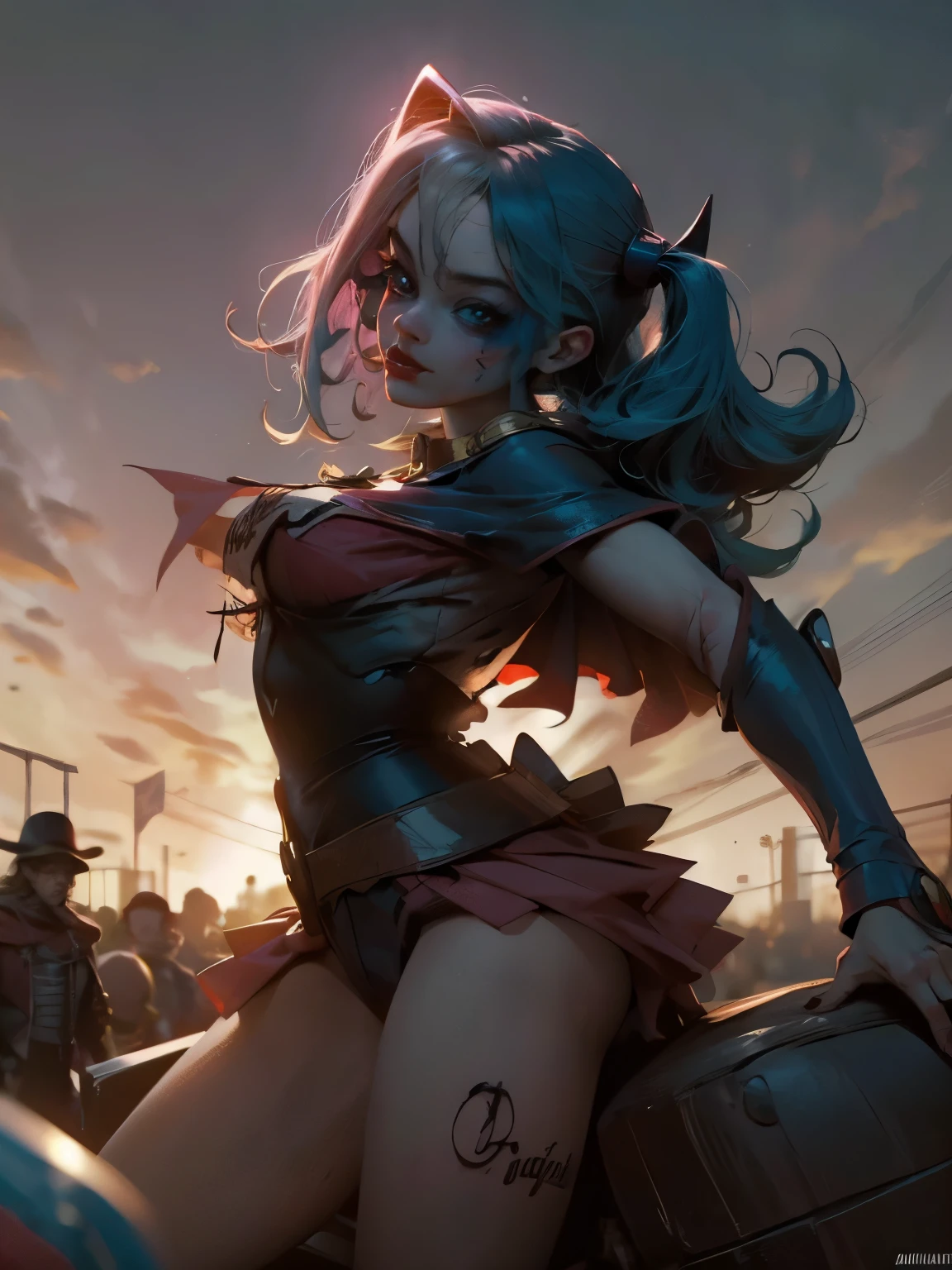 Maga oscura gils vestida de Harley Quinn. Tiene cabello rubio y negro. Ojos azules. Labios rojos. Gils, el mago oscuro, se viste como Harley Quinn. Pose sensual y inocente. Fondo de circo y magia.