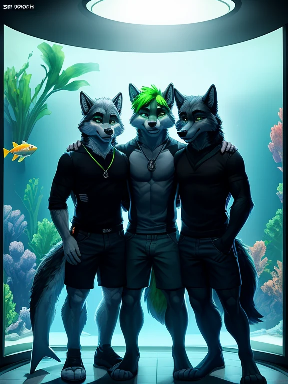 , (((2 people who are Danny a grey, black, and white anthropomorphic male wolf in the aquarium with a lot of fish and a shark standing next to Cerberus who is a Cerberus a three-headed wolf with bright green hair and green eyes and black fur and has a green chest ))) , big chest wearing clothing , day, , sensual, detailed, uploaded to e621, beautiful and detailed of 2 anthropomorphic , (((males))) uploaded to e621, zaush, foxovh, movie lighting, thicc, movie cover with two independent people 