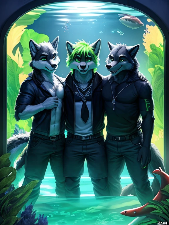 , (((2 people who are Danny a grey, black, and white anthropomorphic male wolf in the aquarium with a lot of fish and a shark standing next to Cerberus who is a Cerberus a three-headed wolf with bright green hair and green eyes and black fur and has a green chest ))) , big chest wearing clothing , day, , sensual, detailed, uploaded to e621, beautiful and detailed of 2 anthropomorphic , (((males))) uploaded to e621, zaush, foxovh, movie lighting, thicc, movie cover with two independent people 