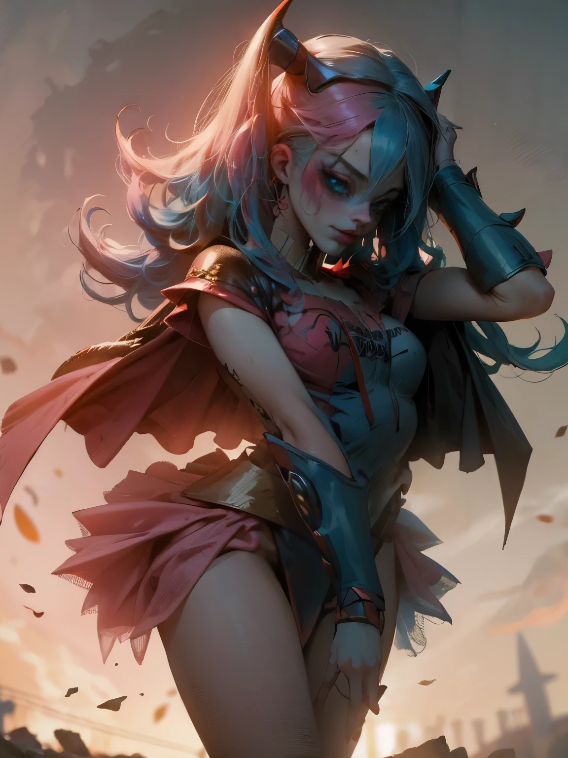 Maga oscura gils vestida de Harley Quinn. Tiene cabello rubio y negro. Ojos azules. Labios rojos. Gils, el mago oscuro, se viste como Harley Quinn. Pose sensual y inocente. Fondo de circo y magia.