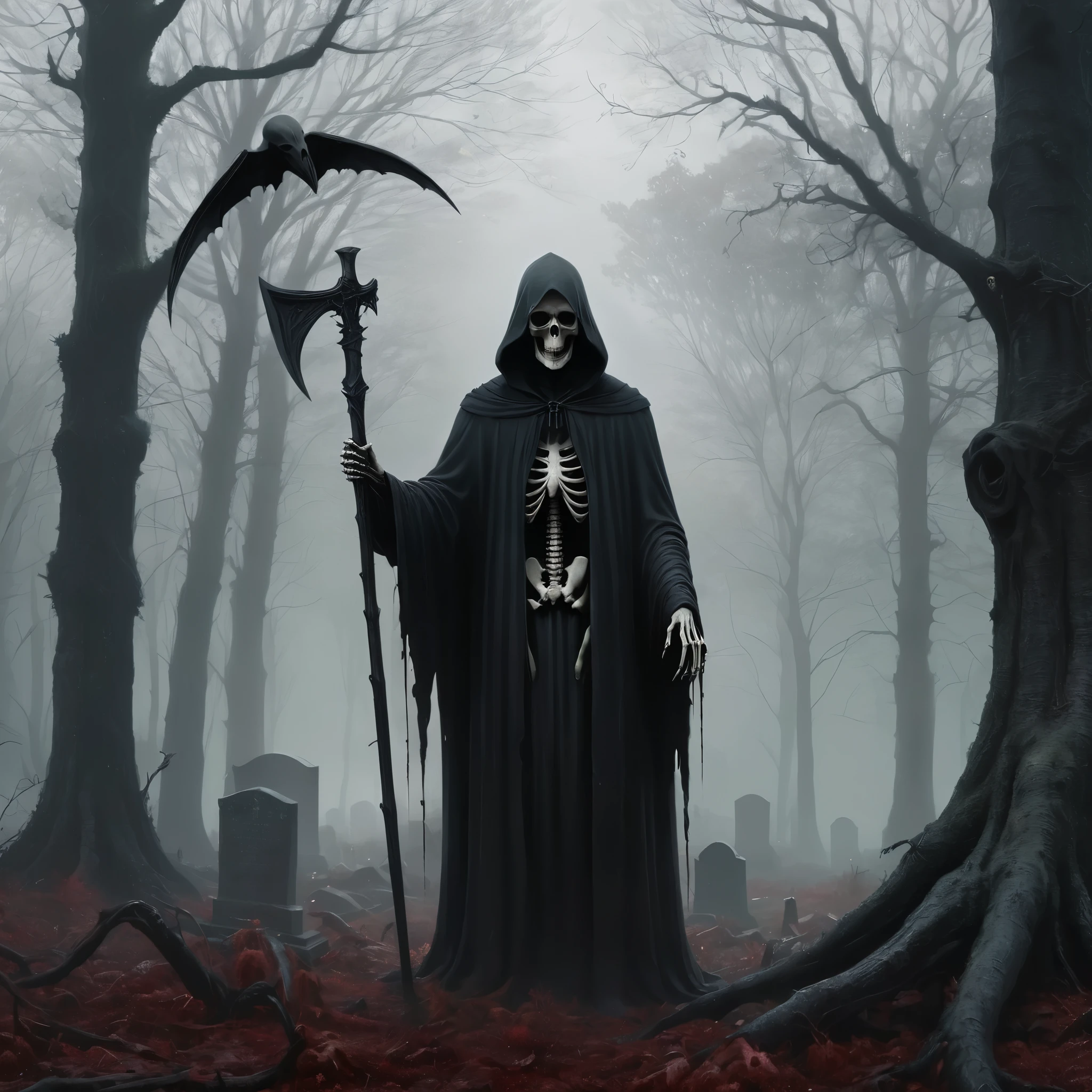 The image depicts a gothic and dark fantasy scene. In the center stands a figure resembling the Grim Reaper, with large, tattered wings, a hooded cloak, and skeletal hands. The character is holding a scythe in one hand and has a bell attached to its other hand. The background is a misty forest with tall trees and a reddish ground, suggesting a sense of mystery and foreboding. There are also a few tombstones in the foreground, which adds to the overall eerie atmosphere of the image.