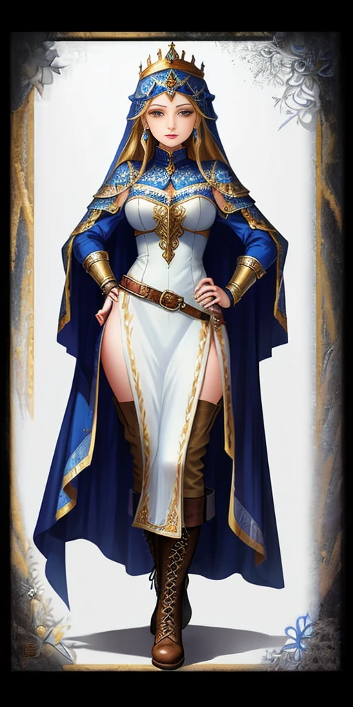 ((white background)) full body of a woman in a dress with a veil, feet together, standing feet together, military boots, beautiful fantasy maiden slave warrior, beautiful fantasy art portrait, fantasy Victorian art, medieval fantasy art, beautiful and elegant queen, portrait of queen of light, fantasy portrait art, gothic fantasy art, a beautiful fantasy empress, hands on hips