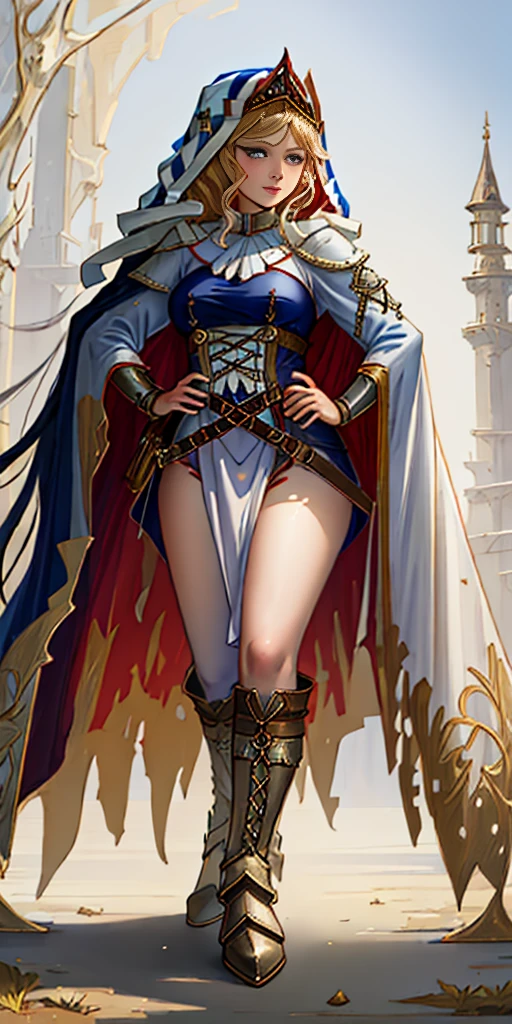 ((white background)) full body of a woman in a dress with a veil, feet together, standing feet together, military boots, beautiful fantasy maiden slave warrior, beautiful fantasy art portrait, fantasy Victorian art, medieval fantasy art, beautiful and elegant queen, portrait of queen of light, fantasy portrait art, gothic fantasy art, a beautiful fantasy empress, hands on hips