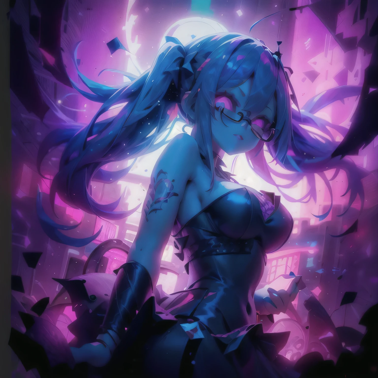a woman with long hair and glasses in front of a purple light, nightcore, epic anime style, estilo de arte anime moe, papel de parede de anime hd, papel de parede de anime 4k, papel de parede de anime 4K, estilo anime 4k, demon anime girl, estilo de arte arcano, garota monstro de anime, papel de parede de arte de anime 4k, Papel de parede de arte anime 4k, black demon dancer