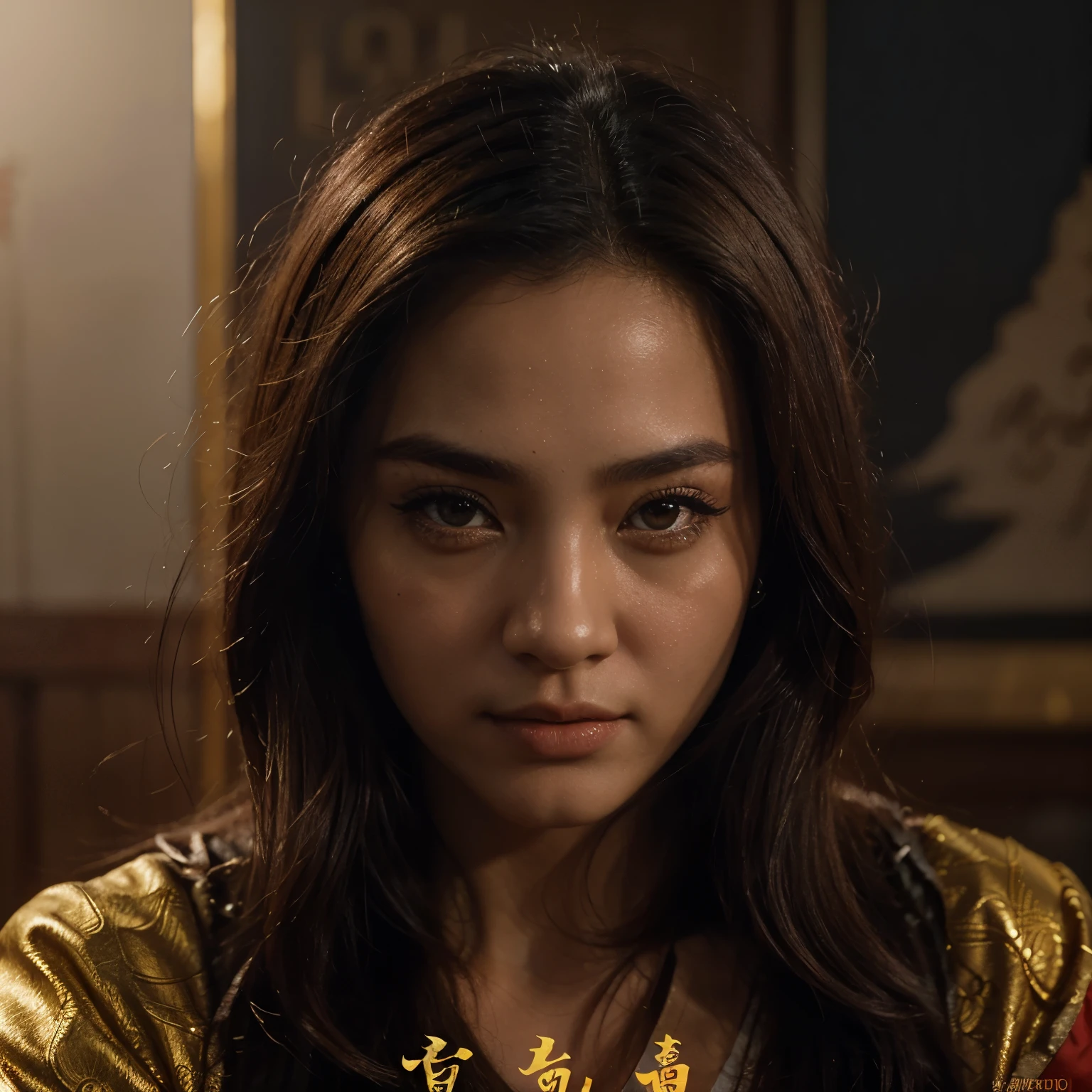 (melhor qualidade, movie poster style), uma linda mulher com (um olho vermelho:1.2),(meaningful chinese script writing:1.1), combinando os elementos perfeitamente juntos.