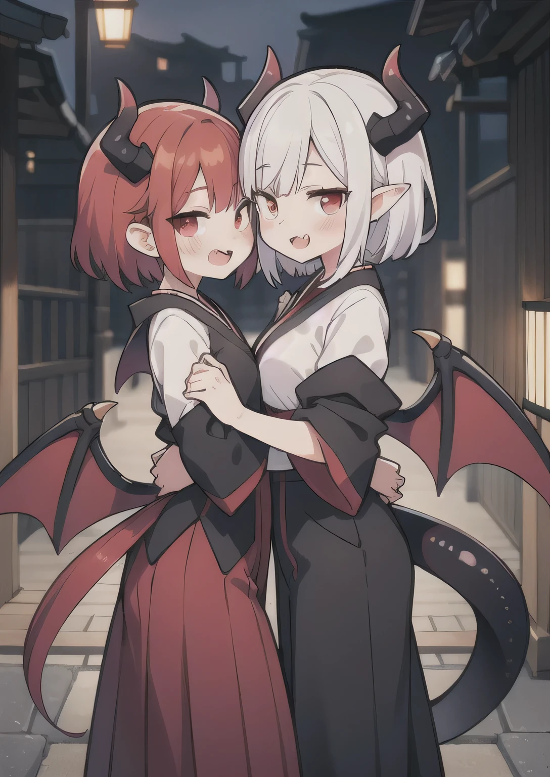 8K, boy and girl, petit, , kawaii vampire, crimson hair, short hair, red eyes, bat wings, smile, (blush), (shy), fang, pointed ears, looking at viewer, dynamic angle, wind, game cg, fantastic scenery, demon tail, thin tail, black horns, medium breast, japanese class uniform, kissing, sexy