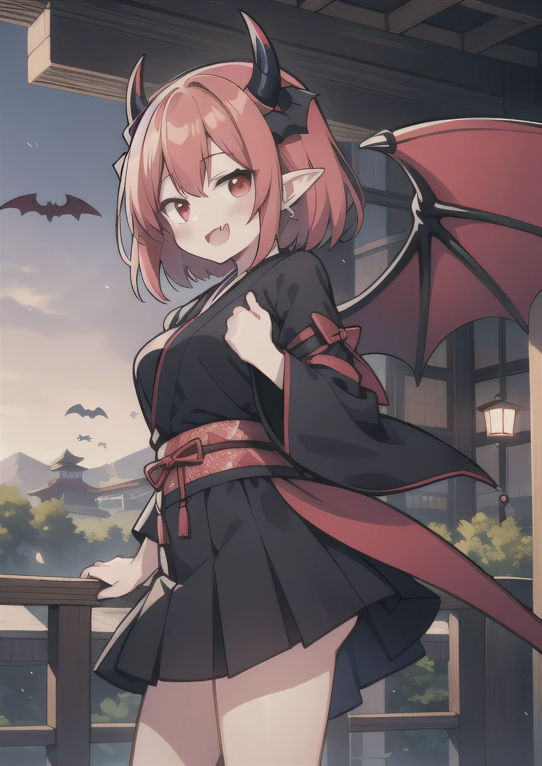 8K,  boy and girl, petit, , kawaii vampire, crimson hair, short hair, red eyes, bat wings, smile, (blush), (shy), fang, pointed ears, looking at viewer,  dynamic angle, wind, game cg, fantastic scenery, demon tail, thin tail, black horns, medium breast, japanese class uniform, kissing, sexy 