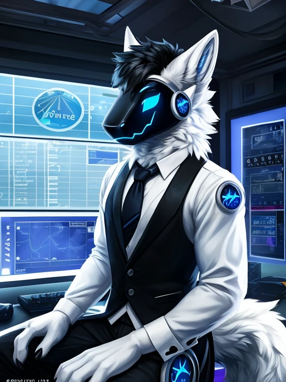 , (((Atlas a white Wolf with blue eyes and nose and black hair wearing a black tie and formal outfit inside the weather station room broadcasting today's weather like a meteorologist with the screen in the background and cameras ))) , big chest wearing clothing , day, , sensual, detailed, uploaded to e621, beautiful and detailed portrait of an anthropomorphic , (((male))) uploaded to e621, zaush, foxovh, movie lighting, thicc, alone, movie cover, all white fur protogen, 