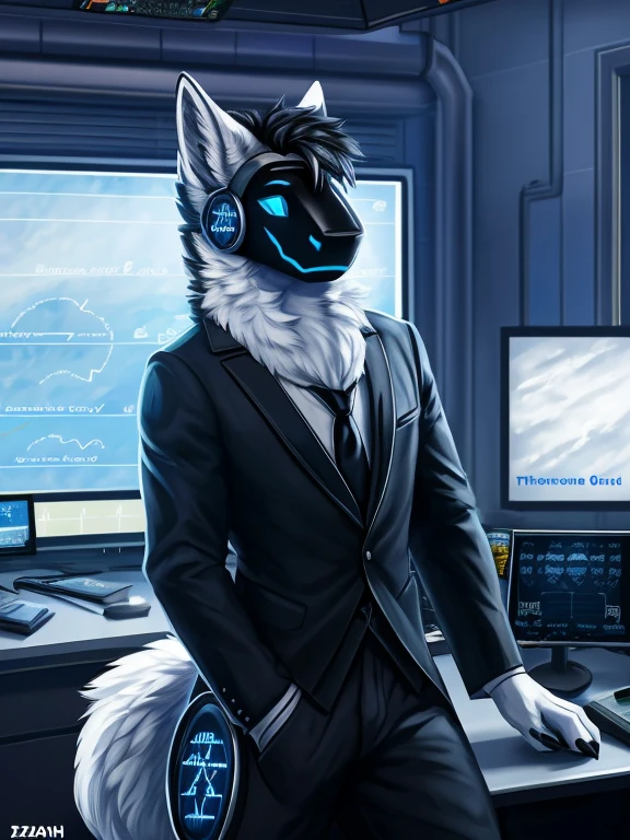 , (((Atlas a white Wolf with blue eyes and nose and black hair wearing a black tie and formal outfit inside the weather station room broadcasting today's weather like a meteorologist with the screen in the background and cameras ))) , big chest wearing clothing , day, , sensual, detailed, uploaded to e621, beautiful and detailed portrait of an anthropomorphic , (((male))) uploaded to e621, zaush, foxovh, movie lighting, thicc, alone, movie cover, all white fur protogen, 