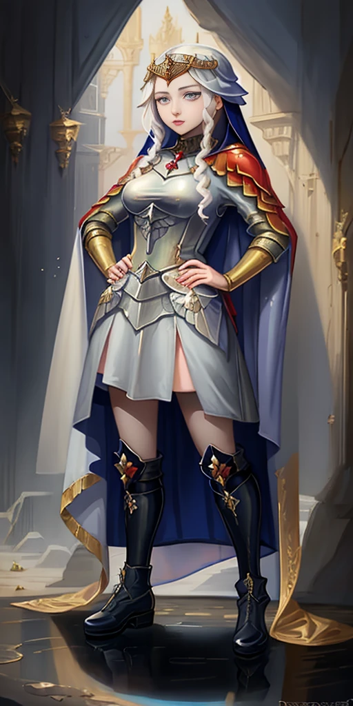 ((white background)) full body of a woman in a dress with a veil, feet together, standing feet together, military boots, beautiful fantasy maiden slave warrior, beautiful fantasy art portrait, fantasy Victorian art, medieval fantasy art, beautiful and elegant queen, portrait of queen of light, fantasy portrait art, gothic fantasy art, a beautiful fantasy empress, hands on hips