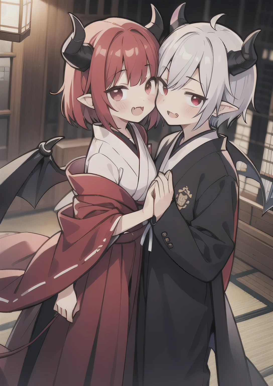 8K,  boy and girl, it, teeawaii vampire, crimson hair, short hair, red eyes, bat wings, smile, (blush), (shy), fang, pointed ears, looking at viewer,  dynamic angle, wind, game cg, fantastic scenery, demon tail, thin tail, black horns, medium breast, japanese class uniform, kissing, sexy 