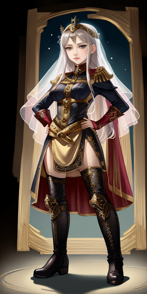 ((white background)) full body of a woman in a dress with a veil, feet together, standing feet together, military boots, beautiful fantasy maiden slave warrior, beautiful fantasy art portrait, fantasy Victorian art, medieval fantasy art, beautiful and elegant queen, portrait of queen of light, fantasy portrait art, gothic fantasy art, a beautiful fantasy empress, hands on hips