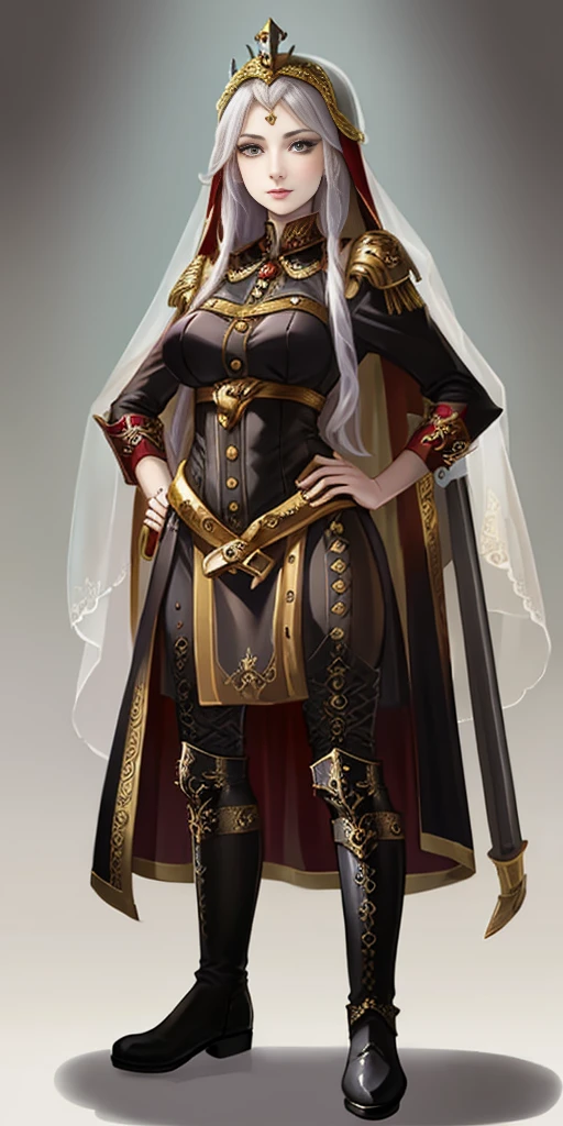 ((white background)) full body of a woman in a dress with a veil, feet together, standing feet together, military boots, beautiful fantasy maiden slave warrior, beautiful fantasy art portrait, fantasy Victorian art, medieval fantasy art, beautiful and elegant queen, portrait of queen of light, fantasy portrait art, gothic fantasy art, a beautiful fantasy empress, hands on hips