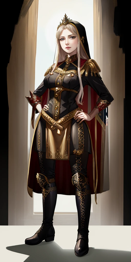 ((white background)) full body of a woman in a dress with a veil, feet together, standing feet together, military boots, beautiful fantasy maiden slave warrior, beautiful fantasy art portrait, fantasy Victorian art, medieval fantasy art, beautiful and elegant queen, portrait of queen of light, fantasy portrait art, gothic fantasy art, a beautiful fantasy empress, hands on hips