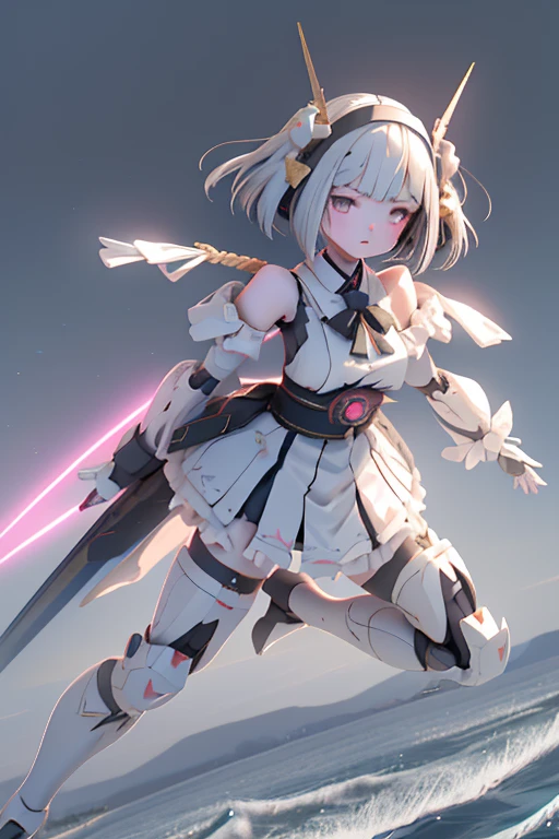 (highest quality)), ((masterpiece)), (Very detailed: 1.3), 3D, {(Young girl)}, Wearing a white frilly Gothic ****ta outfit, (She is fused with a Gundam mecha from the future....), With headgear, With V-fin , Armored Shoulders,Armament, Armor at the feet, Multi-layer texture perfect ratio, Octane Rendering, Duotone Lighting, Low ISO, wide aperture, White balance, Three-part method, Ultra HD 16k, High resolution (High Dynamic Range), Ray Tracing, NVIDIA, Super Resolution, Scattered beneath the surface of the water, PBR Texturing, Post-processing, Anisotropic Filtering, Written boundary depth, Maximum clarity and sharpness, Highly efficient subpixels, Subpixel Convolution, Particles of light, Scattered Light, Tyndall effect, whole body:1.5, Combat pose, cute, (cute:1.2), (Bobcut:1.3),Braiding, Black Hair, Thick eyebrows, Pale-colored iris, big, Bright black eyes, Long eyelashes, small, Bright colors, Natural lips, (The average face of a Japanese idol), (日本人特有のBaby Face:1.3), (Baby Face), Wide forehead:1.2, Plump Cheeks, small jaw, Visible side boob, (Has a huge weapon:1.5), fly in the sky、Ascending flight,View your audience,Focus on the eyes , (Four perfect fingers, One thumb),