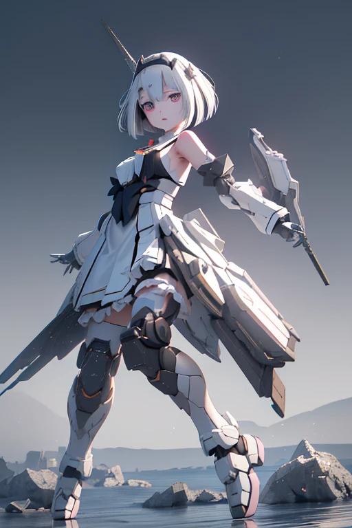 (highest quality)), ((masterpiece)), (Very detailed: 1.3), 3D, {( girl)}, Wearing a white frilly Gothic Lolita outfit, (She is fused with a Gundam mecha from the future....), With headgear, With V-fin , Armored Shoulders,Armament, Armor at the feet, Multi-layer texture perfect ratio, Octane Rendering, Duotone Lighting, Low ISO, wide aperture, White balance, Three-part method, Ultra HD 16k, High resolution (High Dynamic Range), Ray Tracing, NVIDIA, Super Resolution, Scattered beneath the surface of the water, PBR Texturing, Post-processing, Anisotropic Filtering, Written boundary depth, Maximum clarity and sharpness, Highly efficient subpixels, Subpixel Convolution, Particles of light, Scattered Light, Tyndall effect, whole body:1.5, Combat pose, cute, (cute:1.2), (Bobcut:1.3),Braiding, Black Hair, Thick eyebrows, Pale-colored iris, big, Bright black eyes, Long eyelashes, small, Bright colors, Natural lips, (The average face of a Japanese idol), (日本人特有のBaby Face:1.3), (Baby de forehead:1.2, Plump Cheeks, small jaw, Visible side boob, (Has a huge weapon:1.5), fly in the sky、Ascending flight,View your audience,Focus on the eyes , (Four perfect fingers, One thumb),