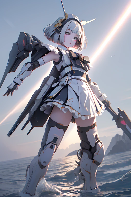 (highest quality)), ((masterpiece)), (Very detailed: 1.3), 3D, {(Young girl)}, Wearing a white frilly Gothic Lolita outfit, (She is fused with a Gundam mecha from the future....), With headgear, With V-fin , Armored Shoulders,Armament, Armor at the feet, Multi-layer texture perfect ratio, Octane Rendering, Duotone Lighting, Low ISO, wide aperture, White balance, Three-part method, Ultra HD 16k, High resolution (High Dynamic Range), Ray Tracing, NVIDIA, Super Resolution, Scattered beneath the surface of the water, PBR Texturing, Post-processing, Anisotropic Filtering, Written boundary depth, Maximum clarity and sharpness, Highly efficient subpixels, Subpixel Convolution, Particles of light, Scattered Light, Tyndall effect, whole body:1.5, Combat pose, cute, (cute:1.2), (Bobcut:1.3),Braiding, Black Hair, Thick eyebrows, Pale-colored iris, big, Bright black eyes, Long eyelashes, small, Bright colors, Natural lips, (The average face of a Japanese idol), (日本人特有のBaby Face:1.3), (Baby Face), Wide forehead:1.2, Plump Cheeks, small jaw, Visible side boob, (Has a huge weapon:1.5), fly in the sky、Ascending flight,View your audience,Focus on the eyes , (Four perfect fingers, One thumb),