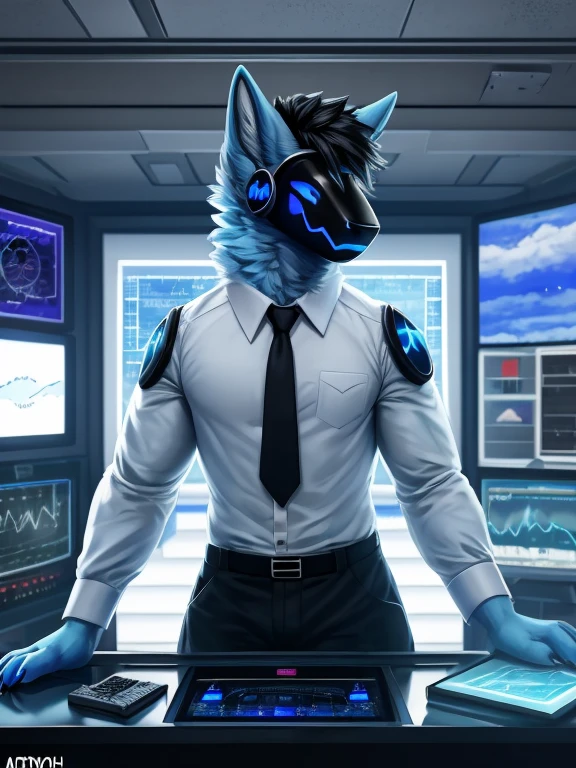 , (((Atlas a light blue Wolf with blue eyes and nose and black hair wearing a black tie and formal outfit inside the weather station room broadcasting today's weather like a meteorologist with the screen in the background and cameras ))) , big chest wearing clothing , day, , sensual, detailed, uploaded to e621, beautiful and detailed portrait of an anthropomorphic , (((male))) uploaded to e621, zaush, foxovh, movie lighting, thicc, alone, movie cover, all light blue  fur protogen, 