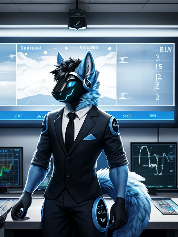 , (((Atlas a light blue Wolf with blue eyes and nose and black hair wearing a black tie and formal outfit inside the weather station room broadcasting today's weather like a meteorologist with the screen in the background and cameras ))) , big chest wearing clothing , day, , sensual, detailed, uploaded to e621, beautiful and detailed portrait of an anthropomorphic , (((male))) uploaded to e621, zaush, foxovh, movie lighting, thicc, alone, movie cover, all light blue  fur protogen, 