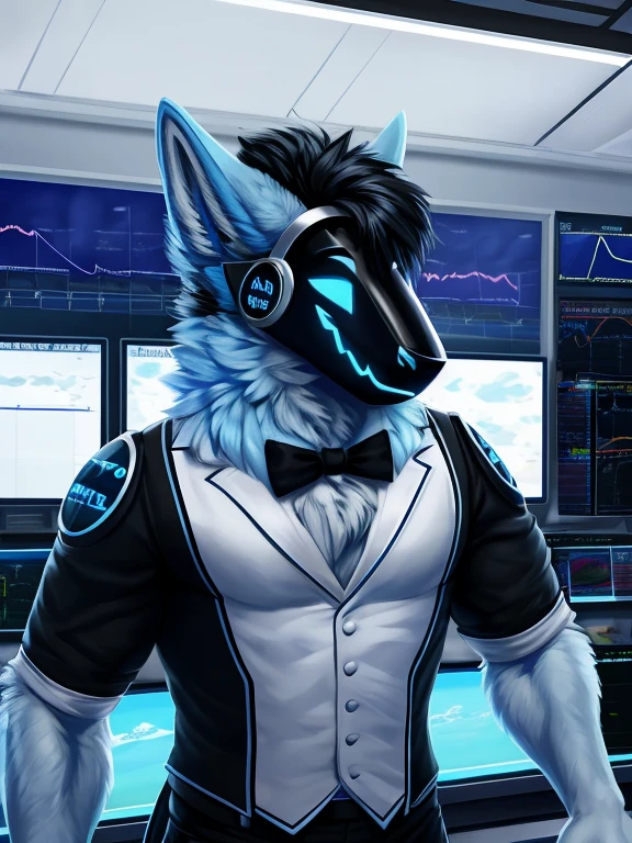 , (((Atlas a light blue Wolf with blue eyes and nose and black hair wearing a black tie and formal outfit inside the weather station room broadcasting today's weather like a meteorologist with the screen in the background and cameras ))) , big chest wearing clothing , day, , sensual, detailed, uploaded to e621, beautiful and detailed portrait of an anthropomorphic , (((male))) uploaded to e621, zaush, foxovh, movie lighting, thicc, alone, movie cover, all light blue fur protogen,
