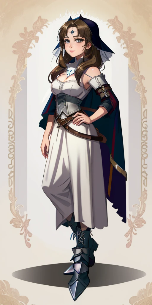 ((white background)) full body of a woman in a dress with a veil, feet together, standing feet together, military boots, beautiful fantasy maiden slave warrior, beautiful fantasy art portrait, fantasy Victorian art, medieval fantasy art, beautiful and elegant queen, portrait of queen of light, fantasy portrait art, gothic fantasy art, a beautiful fantasy empress, hands on hips