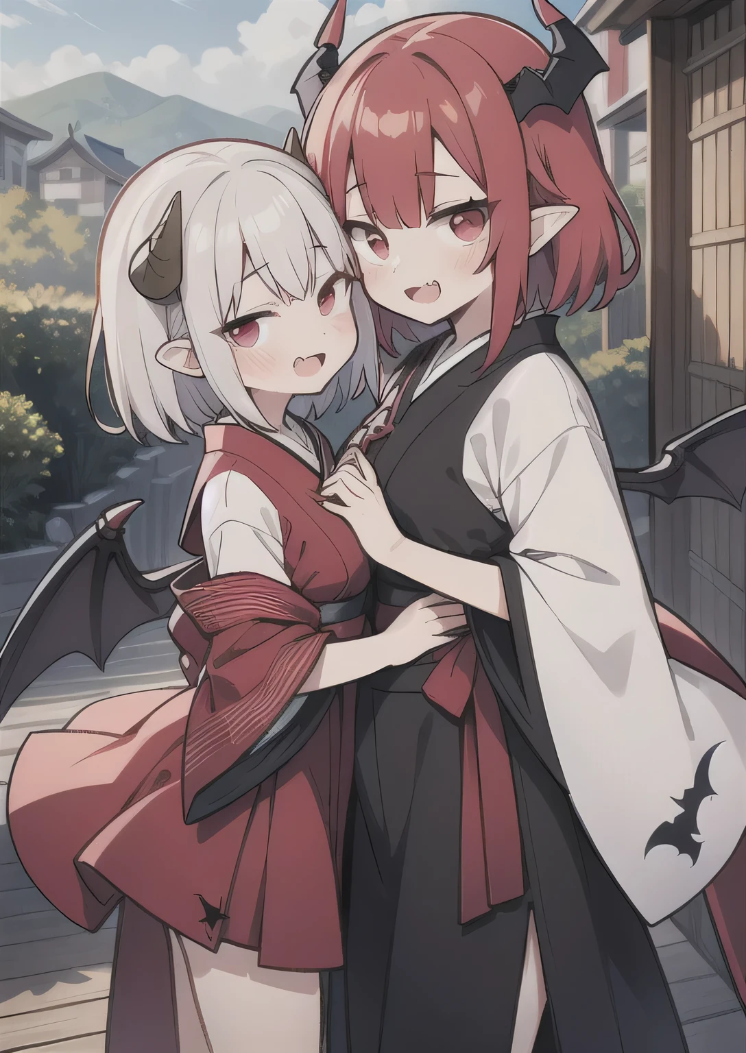 8K, boy and girl, petit, teen, kawaii vampire, crimson hair, short hair, red eyes, bat wings, smile, (blush), (shy), fang, pointed ears, looking at viewer, dynamic angle, wind, game cg, fantastic scenery, demon tail, thin tail, black horns, medium breast, japanese class uniform, kissing, sexy, dating