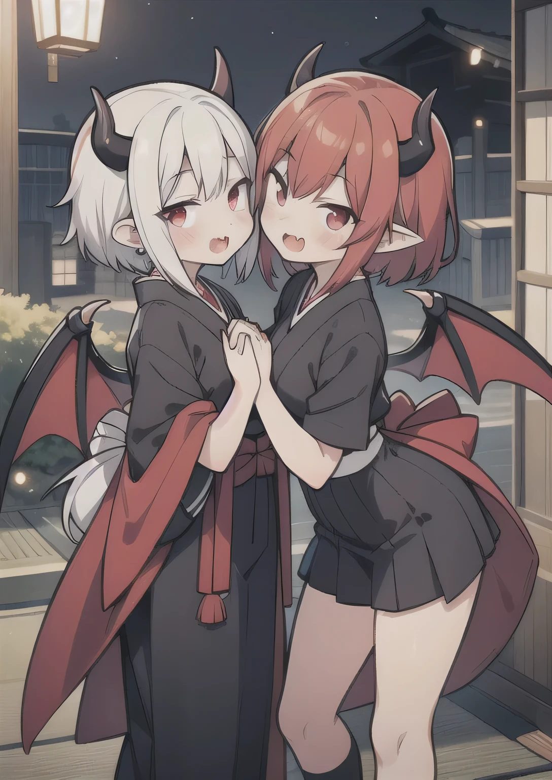 8K,  boy and girl, it, teeawaii vampire, crimson hair, short hair, red eyes, bat wings, smile, (blush), (shy), fang, pointed ears, looking at viewer,  dynamic angle, wind, game cg, fantastic scenery, demon tail, thin tail, black horns, medium breast, japanese class uniform, kissing, sexy, dating 