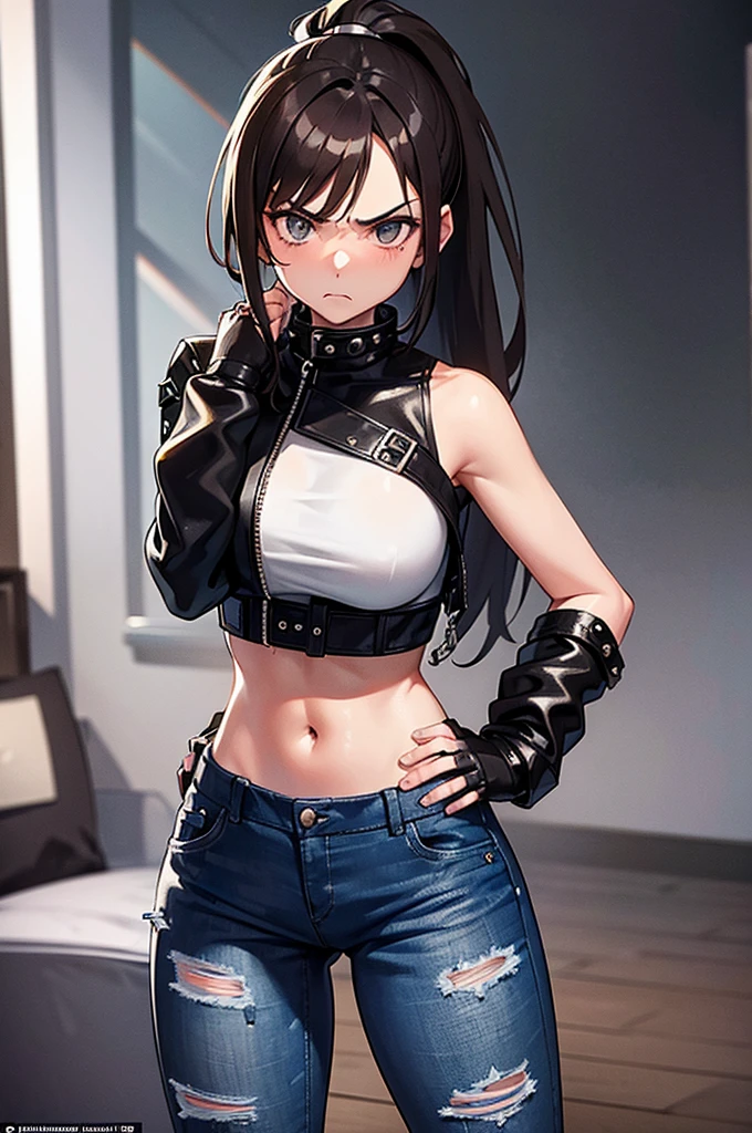 A young brunette girl with a ponytail in a leather jacket and studded jeans stands with her hands on her hips with an angry expression on her face in the living room
