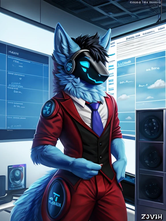 , (((Atlas a light blue Wolf with blue eyes and nose and black hair wearing a red tie and brown formal outfit inside the weather station room broadcasting today's weather like a meteorologist with the screen in the background and cameras ))) , big chest wearing clothing , day, , sensual, detailed, uploaded to e621, beautiful and detailed portrait of an anthropomorphic , (((male))) uploaded to e621, zaush, foxovh, movie lighting, thicc, alone, movie cover, all light blue  fur protogen, 